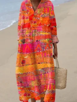 New Women's Midi Dress V Neck Long Sleeve Kaftan Lightweight Loose Fit A Line Dress Casual Boho Going out Graphic Geometric Stripe Long Sleeve V Neck Orange red Black Yellow Pink Women Vacation Dresses