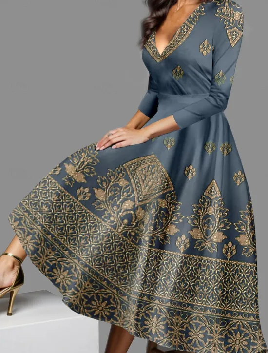 New Women's Midi Dress Vintage Dress Casual Dress Winter Dress Swing Dress Vintage Ethnic Tribal Formal Vacation Party Regular Fit Tribal 3/4 Length Sleeve V Neck Blue Purple Green Fall Winter Women Cocktail Dress