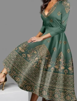 New Women's Midi Dress Vintage Dress Casual Dress Winter Dress Swing Dress Vintage Ethnic Tribal Formal Vacation Party Regular Fit Tribal 3/4 Length Sleeve V Neck Blue Purple Green Fall Winter Women Cocktail Dress