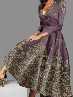 New Women's Midi Dress Vintage Dress Casual Dress Winter Dress Swing Dress Vintage Ethnic Tribal Formal Vacation Party Regular Fit Tribal 3/4 Length Sleeve V Neck Blue Purple Green Fall Winter Women Cocktail Dress