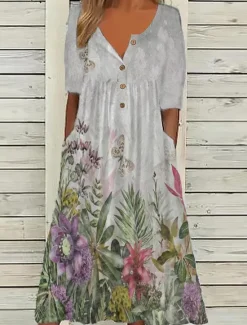 Sale Women's Midi Dress V-Neck Floral Print Short Sleeve A-Line Comfort Blue Beach Party Spring Summer Fashion Clothing Apparel Women Floral Dresses