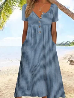 Sale Women's Midi Dress V-Neck Floral Print Short Sleeve A-Line Comfort Blue Beach Party Spring Summer Fashion Clothing Apparel Women Floral Dresses