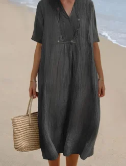 Outlet Women's Midi Dress V-neckline Crinkled Texture Light Short Sleeve Casual Beachwear Loose Fit Breathable Summer Apparel Women Dresses