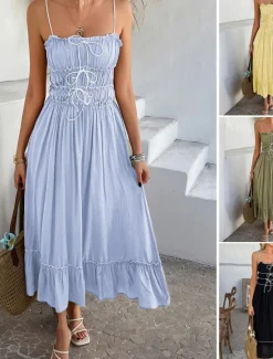 Outlet Women's Midi Dress White Dress Casual Dress Summer Dress Slip Dress Fashion Modern Daily Beach Weekend Regular Fit Plain Sleeveless Spaghetti Strap Black Yellow Blue Green Summer Women Vacation Dresses|Sundresses