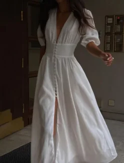 Best Women's Midi Dress White Dress Graduation Dress Party Dress Fashion Modern Party Birthday Date Regular Fit Plain Short Sleeve V Neck Black White Summer Women White Dresses
