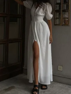 Best Women's Midi Dress White Dress Graduation Dress Party Dress Fashion Modern Party Birthday Date Regular Fit Plain Short Sleeve V Neck Black White Summer Women White Dresses