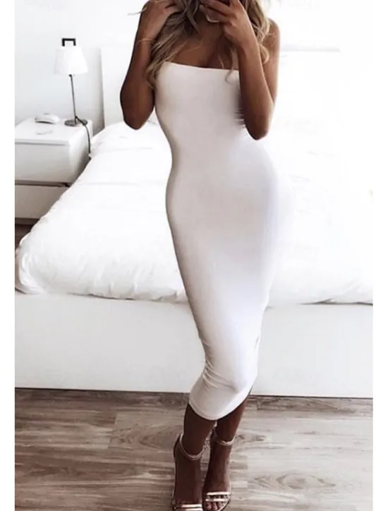 Discount Women's Midi Dress White Dress Graduation Dress Bodycon Fashion Outdoor Birthday Date Regular Fit Plain Sleeveless Strapless Black White Army Green Red Summer Women White Dresses