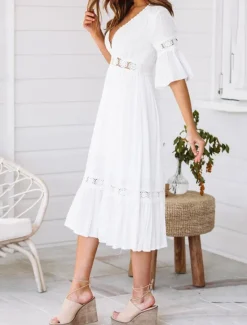New Women's Midi Dress Dress Lace Dress Casual Dress A Line Dress Elegant Streetwear A Line Vacation Street Holiday Loose Fit 3/4 Length Sleeve V Neck Summer Women White Dresses