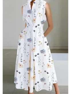 Outlet Women's Midi Dress White Dress Trumpet Mermaid Dress Print Dress Fashion Tea Party Going out Weekend Regular Fit Plain Flower Sleeveless V Neck White Cream Orange Beige Summer Women White Dresses