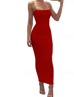 Outlet Women's Midi Dress White Dress Graduation Dress Party Dress Slip Dress Elegant Fashion Party Birthday Holiday Regular Fit Plain Sleeveless Spaghetti Strap Black White Red Summer Women White Dresses