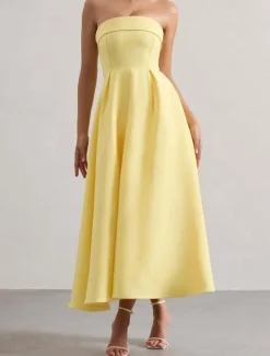 Sale Women's Midi Dress White Dress Graduation Dress Prom Dress Party Dress Fashion Wedding Party Evening Party Regular Fit Plain Sleeveless Strapless Black White Yellow Pink Summer Women White Dresses