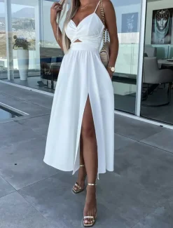 Best Women's Midi Dress White Dress Graduation Dress Slip Dress A Line Wedding Party Date Regular Fit Sleeveless Strap Black White Pink Fuchsia Summer Women White Dresses