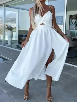 Best Women's Midi Dress White Dress Graduation Dress Slip Dress A Line Wedding Party Date Regular Fit Sleeveless Strap Black White Pink Fuchsia Summer Women White Dresses