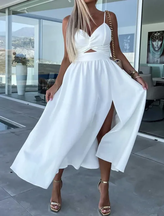 Best Women's Midi Dress White Dress Graduation Dress Slip Dress A Line Wedding Party Date Regular Fit Sleeveless Strap Black White Pink Fuchsia Summer Women White Dresses