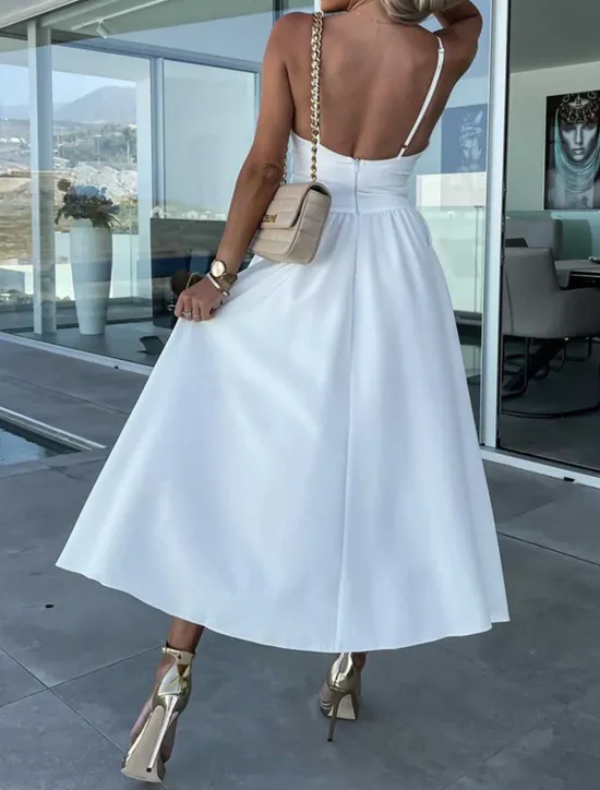 Best Women's Midi Dress White Dress Graduation Dress Slip Dress A Line Wedding Party Date Regular Fit Sleeveless Strap Black White Pink Fuchsia Summer Women White Dresses