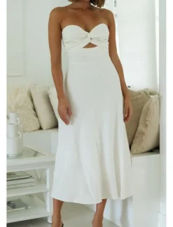 Sale Women's Midi Dress White Dress Graduation Dress Fashion Vacation Birthday Holiday Regular Fit Plain Sleeveless Strapless White Yellow Green Summer Women White Dresses