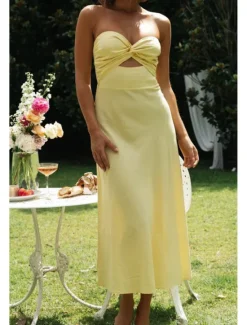 Sale Women's Midi Dress White Dress Graduation Dress Fashion Vacation Birthday Holiday Regular Fit Plain Sleeveless Strapless White Yellow Green Summer Women White Dresses