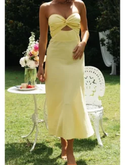 Sale Women's Midi Dress White Dress Graduation Dress Fashion Vacation Birthday Holiday Regular Fit Plain Sleeveless Strapless White Yellow Green Summer Women White Dresses