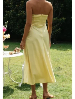 Sale Women's Midi Dress White Dress Graduation Dress Fashion Vacation Birthday Holiday Regular Fit Plain Sleeveless Strapless White Yellow Green Summer Women White Dresses