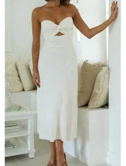 Sale Women's Midi Dress White Dress Graduation Dress Fashion Vacation Birthday Holiday Regular Fit Plain Sleeveless Strapless White Yellow Green Summer Women White Dresses