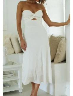 Sale Women's Midi Dress White Dress Graduation Dress Fashion Vacation Birthday Holiday Regular Fit Plain Sleeveless Strapless White Yellow Green Summer Women White Dresses