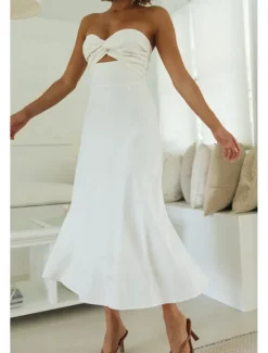 Sale Women's Midi Dress White Dress Graduation Dress Fashion Vacation Birthday Holiday Regular Fit Plain Sleeveless Strapless White Yellow Green Summer Women White Dresses