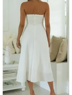 Sale Women's Midi Dress White Dress Graduation Dress Fashion Vacation Birthday Holiday Regular Fit Plain Sleeveless Strapless White Yellow Green Summer Women White Dresses