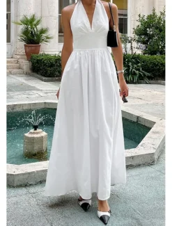 Hot Women's Midi Dress White Dress Fashion Birthday Graduation Date Regular Fit Plain Sleeveless V Neck White Blue Green Apricot Summer Women White Dresses