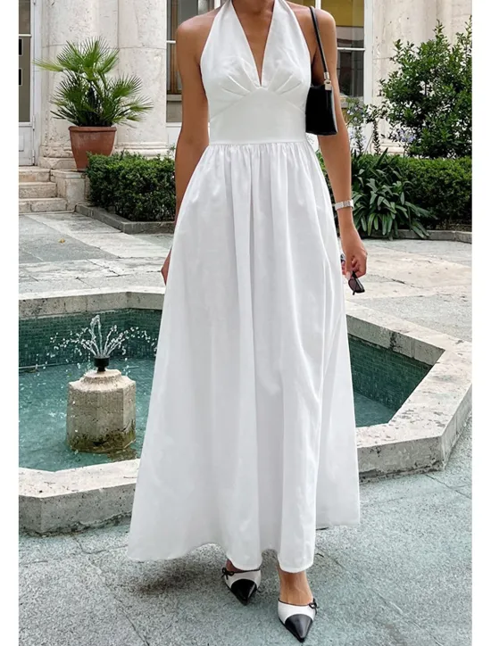 Hot Women's Midi Dress White Dress Fashion Birthday Graduation Date Regular Fit Plain Sleeveless V Neck White Blue Green Apricot Summer Women White Dresses