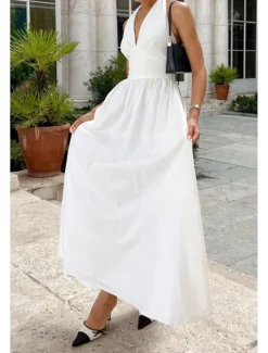 Hot Women's Midi Dress White Dress Fashion Birthday Graduation Date Regular Fit Plain Sleeveless V Neck White Blue Green Apricot Summer Women White Dresses