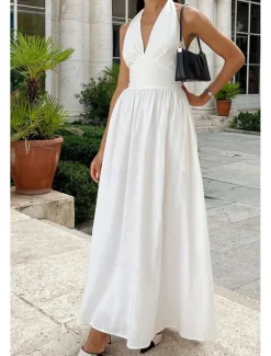 Hot Women's Midi Dress White Dress Fashion Birthday Graduation Date Regular Fit Plain Sleeveless V Neck White Blue Green Apricot Summer Women White Dresses
