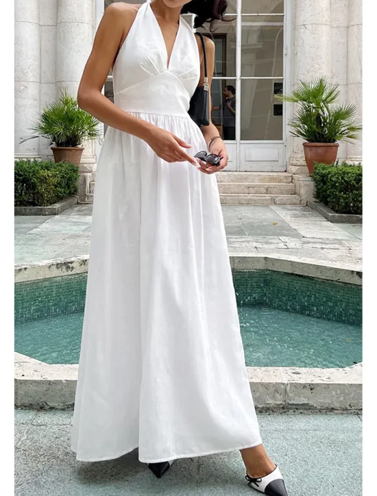 Hot Women's Midi Dress White Dress Fashion Birthday Graduation Date Regular Fit Plain Sleeveless V Neck White Blue Green Apricot Summer Women White Dresses
