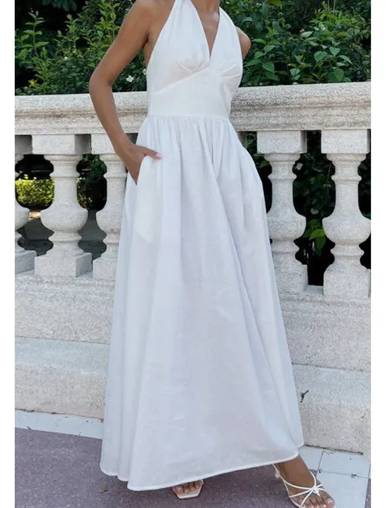Hot Women's Midi Dress White Dress Fashion Birthday Graduation Date Regular Fit Plain Sleeveless V Neck White Blue Green Apricot Summer Women White Dresses