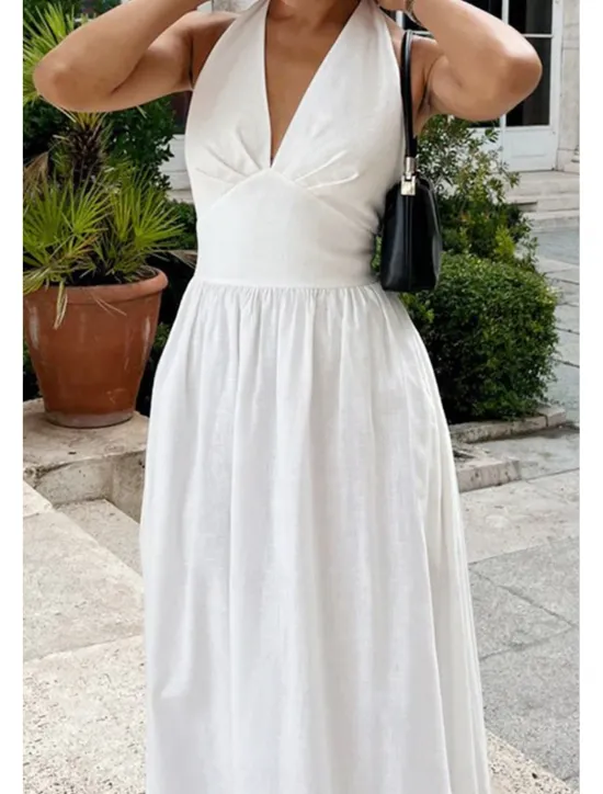 Hot Women's Midi Dress White Dress Fashion Birthday Graduation Date Regular Fit Plain Sleeveless V Neck White Blue Green Apricot Summer Women White Dresses