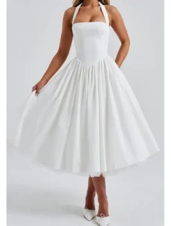 Hot Women's Midi Dress White Dress Graduation Dress Fashion Modern Birthday Holiday Graduation Regular Fit Plain Sleeveless Halter Neck Black White Red Summer Women White Dresses