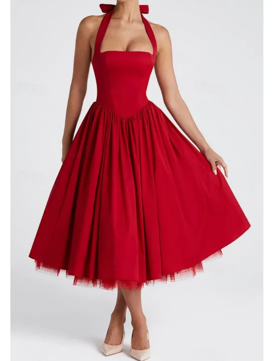 Hot Women's Midi Dress White Dress Graduation Dress Fashion Modern Birthday Holiday Graduation Regular Fit Plain Sleeveless Halter Neck Black White Red Summer Women White Dresses