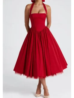 Hot Women's Midi Dress White Dress Graduation Dress Fashion Modern Birthday Holiday Graduation Regular Fit Plain Sleeveless Halter Neck Black White Red Summer Women White Dresses