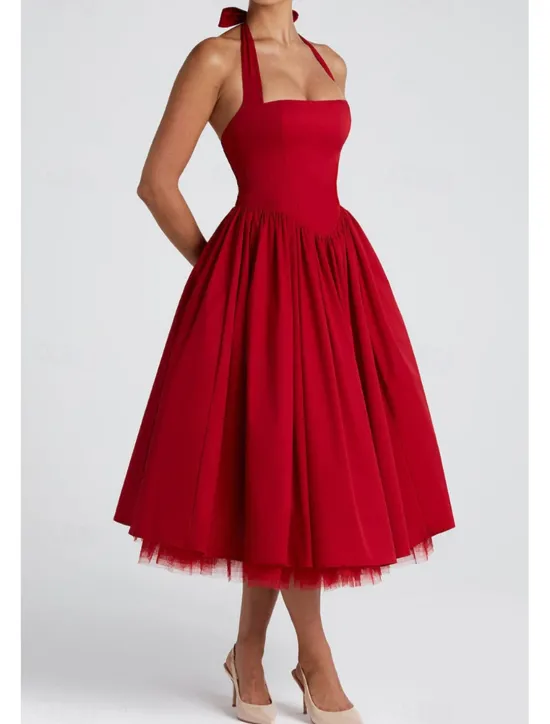 Hot Women's Midi Dress White Dress Graduation Dress Fashion Modern Birthday Holiday Graduation Regular Fit Plain Sleeveless Halter Neck Black White Red Summer Women White Dresses