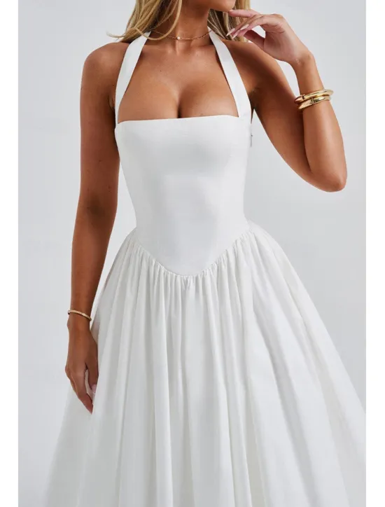 Hot Women's Midi Dress White Dress Graduation Dress Fashion Modern Birthday Holiday Graduation Regular Fit Plain Sleeveless Halter Neck Black White Red Summer Women White Dresses