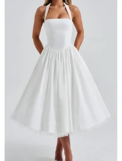 Hot Women's Midi Dress White Dress Graduation Dress Fashion Modern Birthday Holiday Graduation Regular Fit Plain Sleeveless Halter Neck Black White Red Summer Women White Dresses
