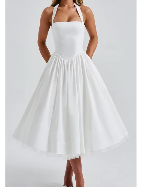 Hot Women's Midi Dress White Dress Graduation Dress Fashion Modern Birthday Holiday Graduation Regular Fit Plain Sleeveless Halter Neck Black White Red Summer Women White Dresses