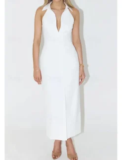 Online Women's Midi Dress White Dress Graduation Dress Fashion Birthday Holiday Graduation Regular Fit Plain Sleeveless Shirt Collar Black White Summer Women White Dresses