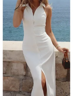Online Women's Midi Dress White Dress Graduation Dress Fashion Birthday Holiday Graduation Regular Fit Plain Sleeveless Shirt Collar Black White Summer Women White Dresses