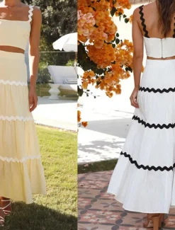 New Women's Midi Dress White Dress Graduation Dress Two Piece Dress Fashion Birthday Graduation Date Regular Fit Color Block Sleeveless Spaghetti Strap Light Yellow White Summer Women White Dresses