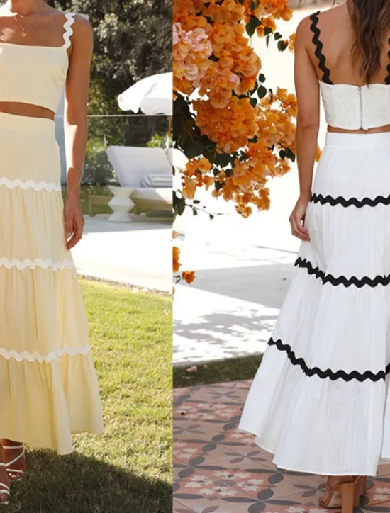 New Women's Midi Dress White Dress Graduation Dress Two Piece Dress Fashion Birthday Graduation Date Regular Fit Color Block Sleeveless Spaghetti Strap Light Yellow White Summer Women White Dresses
