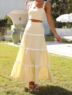 New Women's Midi Dress White Dress Graduation Dress Two Piece Dress Fashion Birthday Graduation Date Regular Fit Color Block Sleeveless Spaghetti Strap Light Yellow White Summer Women White Dresses