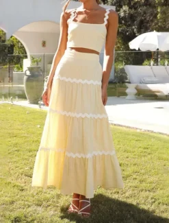 New Women's Midi Dress White Dress Graduation Dress Two Piece Dress Fashion Birthday Graduation Date Regular Fit Color Block Sleeveless Spaghetti Strap Light Yellow White Summer Women White Dresses