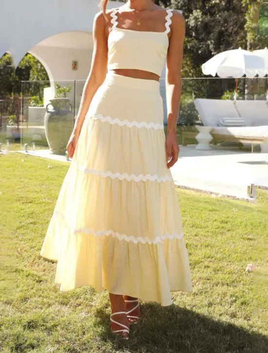 New Women's Midi Dress White Dress Graduation Dress Two Piece Dress Fashion Birthday Graduation Date Regular Fit Color Block Sleeveless Spaghetti Strap Light Yellow White Summer Women White Dresses