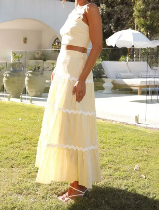 New Women's Midi Dress White Dress Graduation Dress Two Piece Dress Fashion Birthday Graduation Date Regular Fit Color Block Sleeveless Spaghetti Strap Light Yellow White Summer Women White Dresses