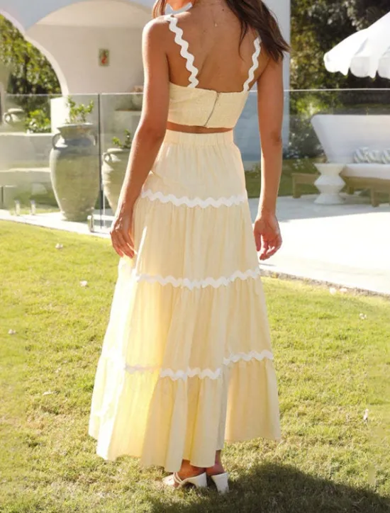 New Women's Midi Dress White Dress Graduation Dress Two Piece Dress Fashion Birthday Graduation Date Regular Fit Color Block Sleeveless Spaghetti Strap Light Yellow White Summer Women White Dresses